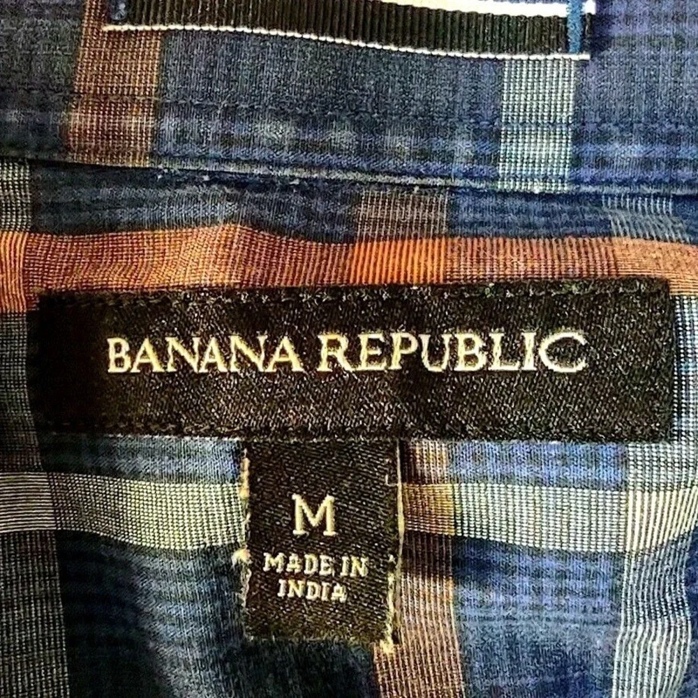 Banana Republic Shirt Mens M Western Pearl Snap Plaid Blue Orange Weekend Casual